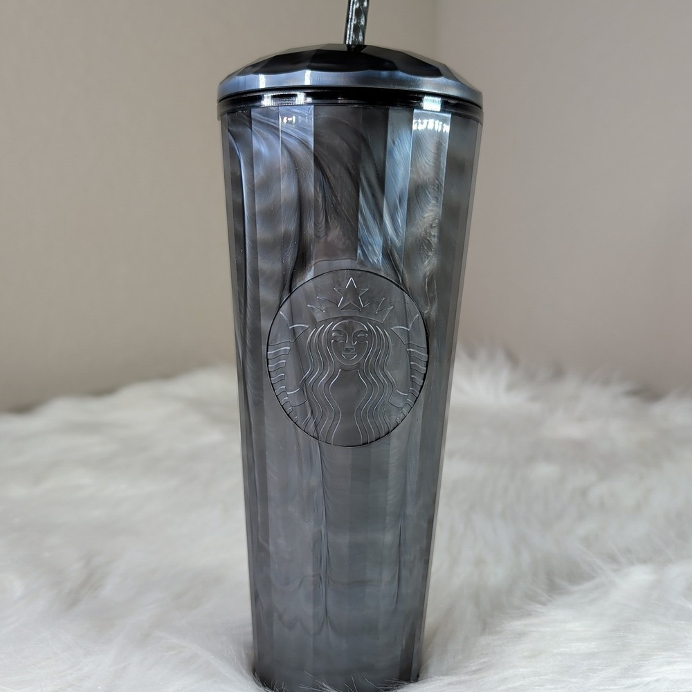 NEW STARBUCKS IRIDESCENT BLACK PEARL MARBLED 24oz TUMBLER WITH‎ STRAW
